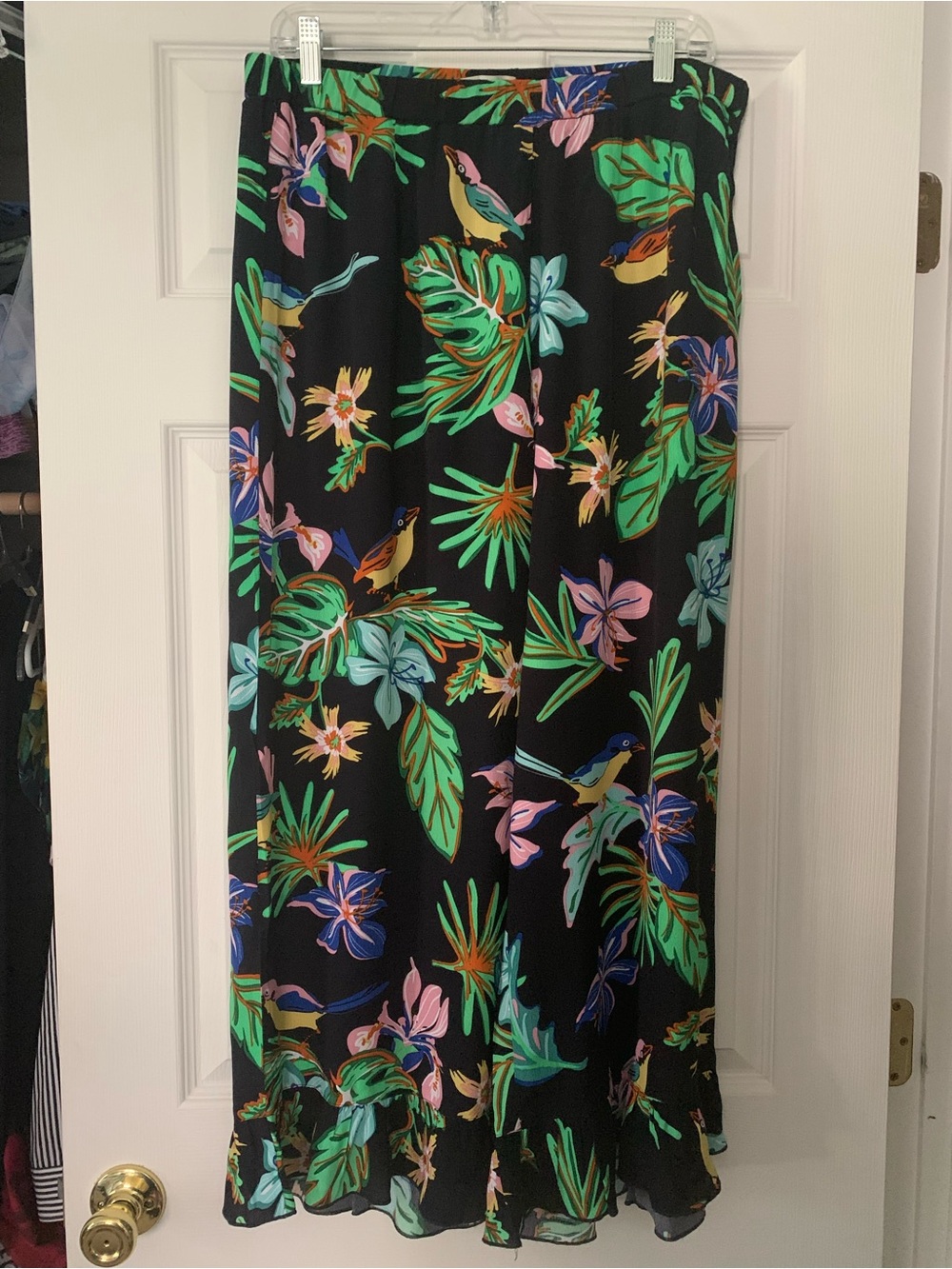 John Mark Pants Womens 14 Black Tropical Bird Floral Ruffle Crop Wide Leg Boho